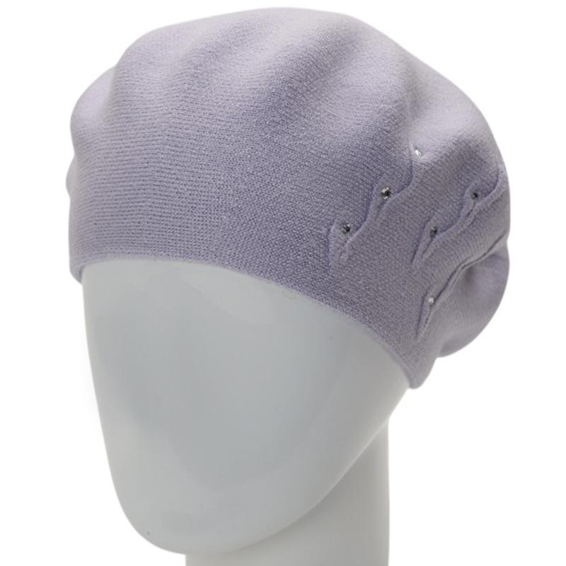 Берет женский вискозный двойной Novita Флорина с узором сбоку и стразами Лавандовый