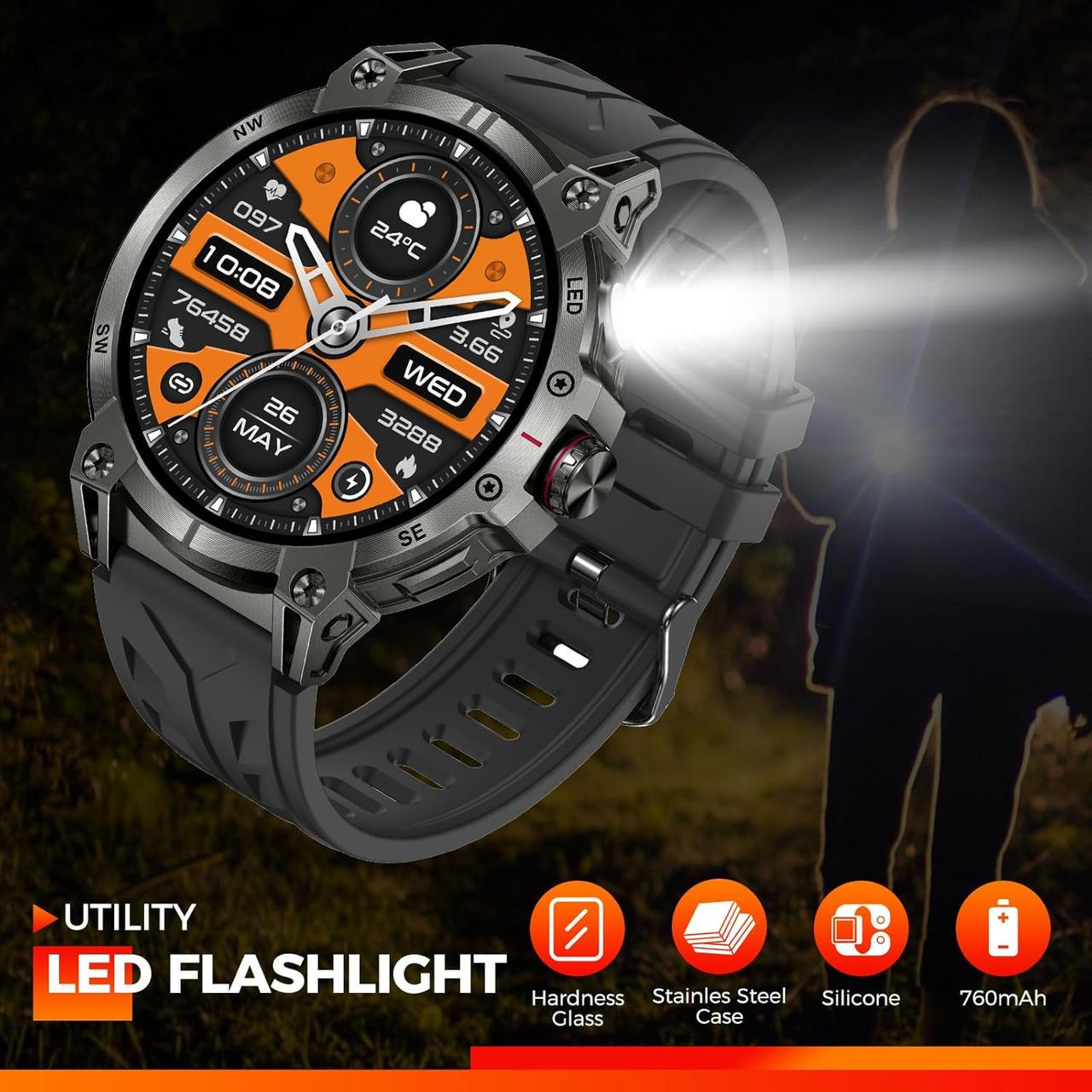 Смарт-годинник KC89 1,85” з LED-ліхтариком військовий HD-дисплей/дзвінки iOS Android - фото 2