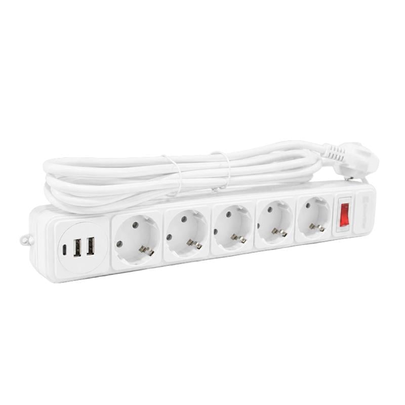 Сетевой фильтр с заземлением Electro House EH-NFWUC-5.3 5х3 м 2USB A + 1USB C Белый