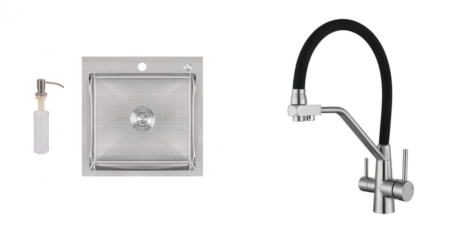 Мийка для кухні з нержавіючої сталі Lidz PWANB5050 з дозатором та змішувачем під осмос з гнучким гусаком Чорний (27234737)