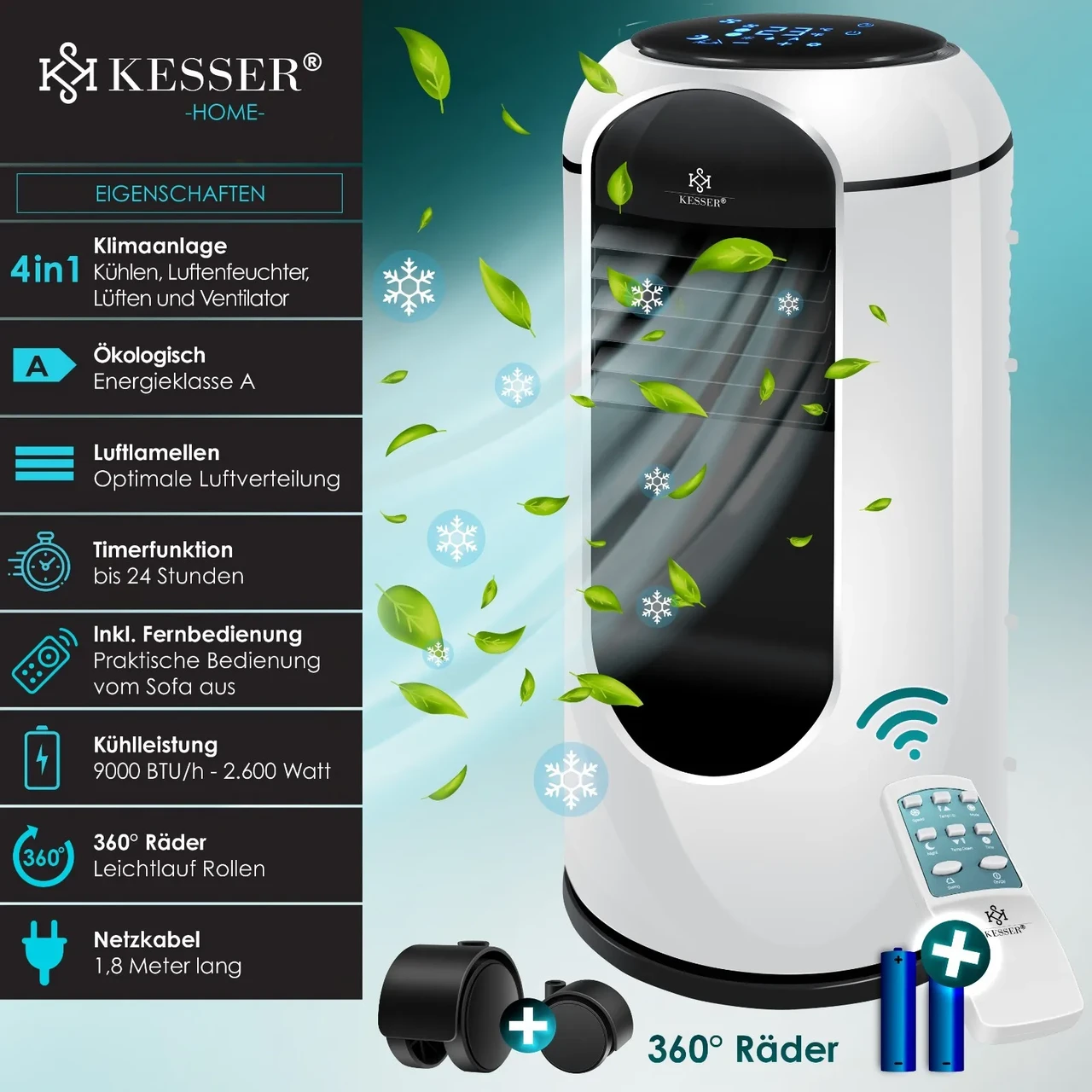 Кондиционер вентилятор мобильный KESSER 4в1 2,7 кВт 35x78,5x37 см Белый - фото 2 Кондиционер вентилятор мобильный KESSER 4в1 2,7 кВт 35x78,5x37 см Белый - фото 2