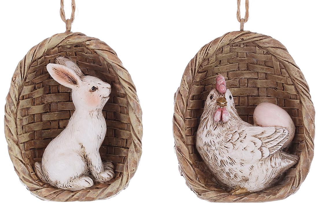 Фигурка-подвеска Кролик в корзине и Курочка в корзине 6,5 см два дизайна (K07-493)