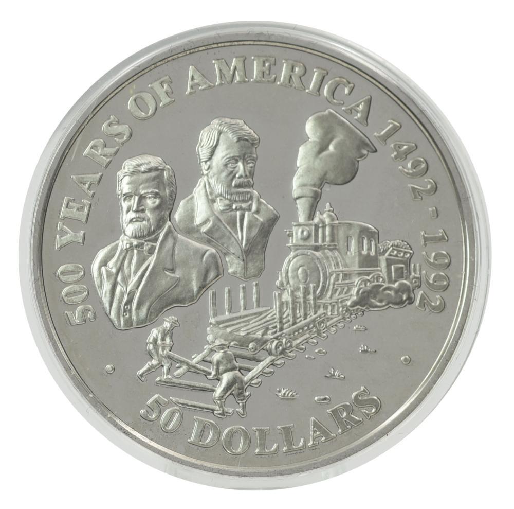 Коллекционная монета Острова Кука 50 долларов 1991 серебро Proof 500 лет Открытию Америки-Первая железная дорога США (М22613)