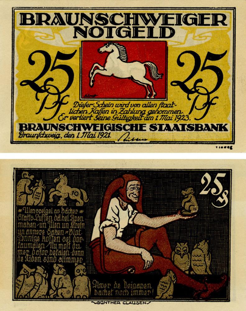 Коллекционная банкнота Германия Нотгельд 25 пфеннигов 1921 F-VF Брауншвейг (Б16178)