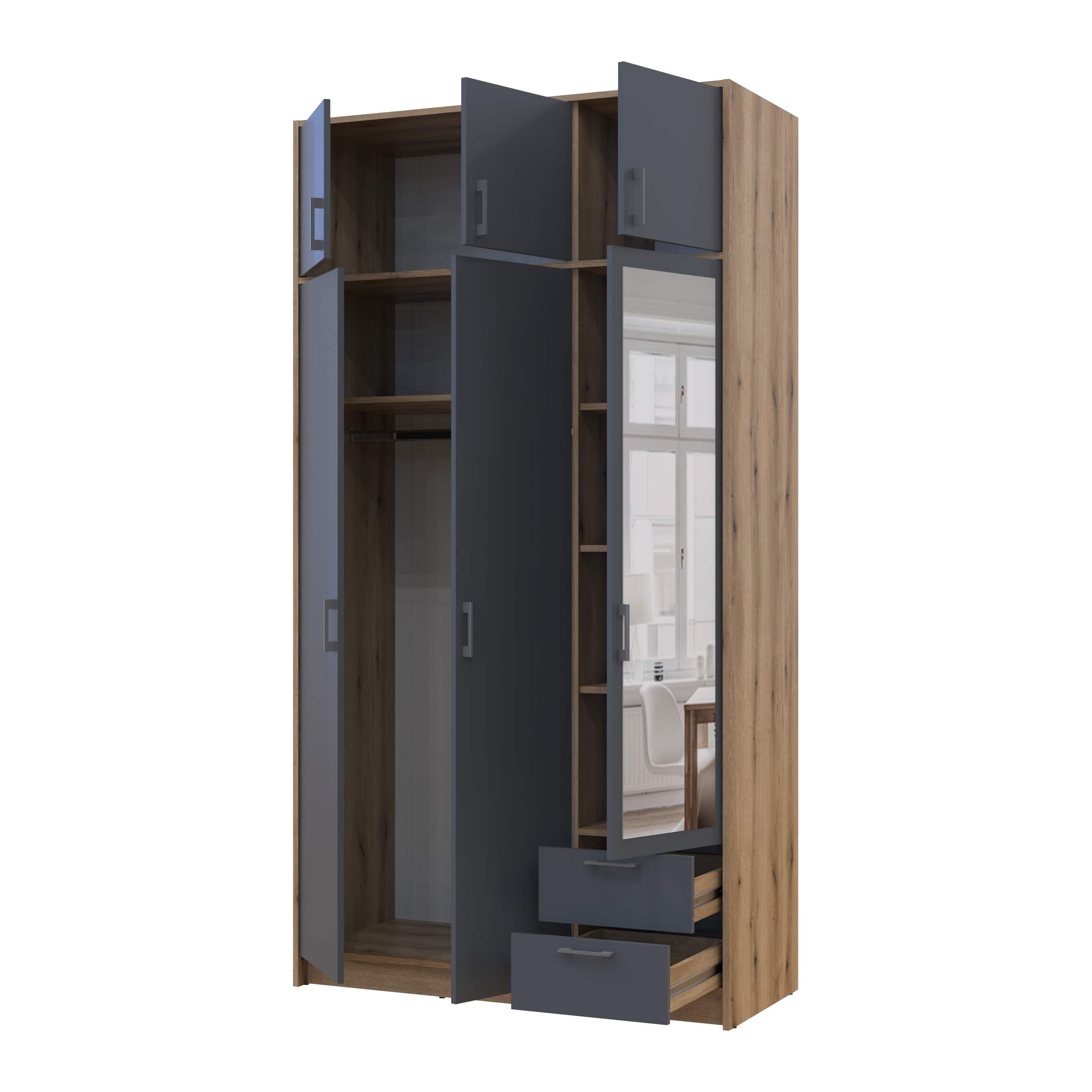 Шафа для одягу з дзеркалом та антресолею Ронді 3 ДСП 121х52х236 см Дуб Артізан/Графітовий (80737820)