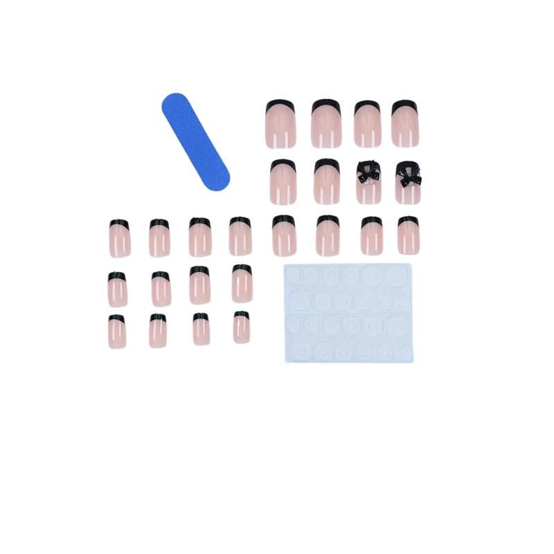 Накладні нігті Френч з 3D бантиком короткий квадрат з клейовими пластинами 24 шт. Чорний з бежевим (2689612579)