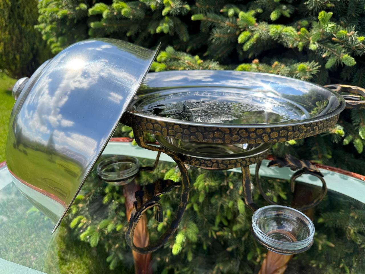 Садж підставка для шашлику та м'яса з 3 соусницями та підігрівом ручної роботи 36 см - фото 5 Садж підставка для шашлику та м'яса з 3 соусницями та підігрівом ручної роботи 36 см - фото 5