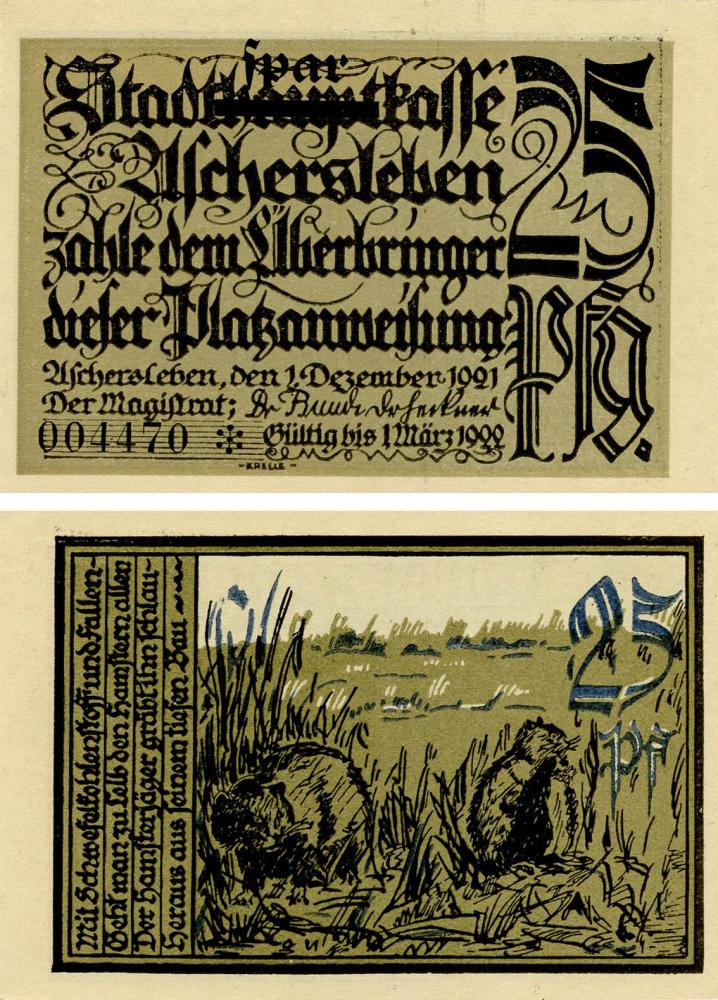 Коллекционная банкнота Германия Нотгельд 25 пфеннигов 1921 F-VF Ошерслебен (Б18589)