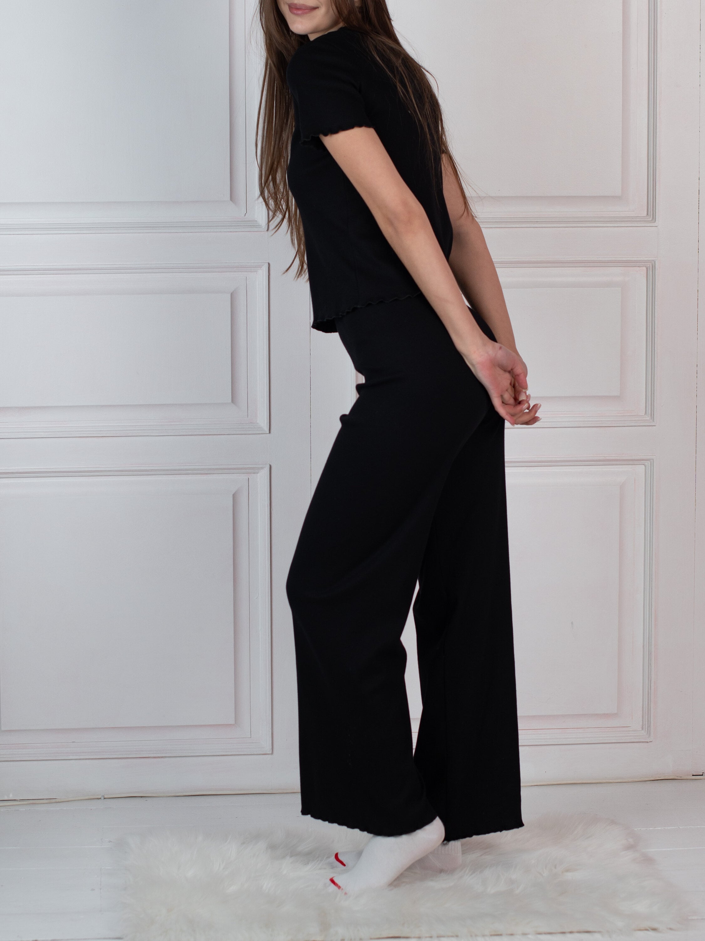 Пижама женская хлопчатобумажная в рубчик Elegante 2 предмета M Черный (BKKV00001843903)