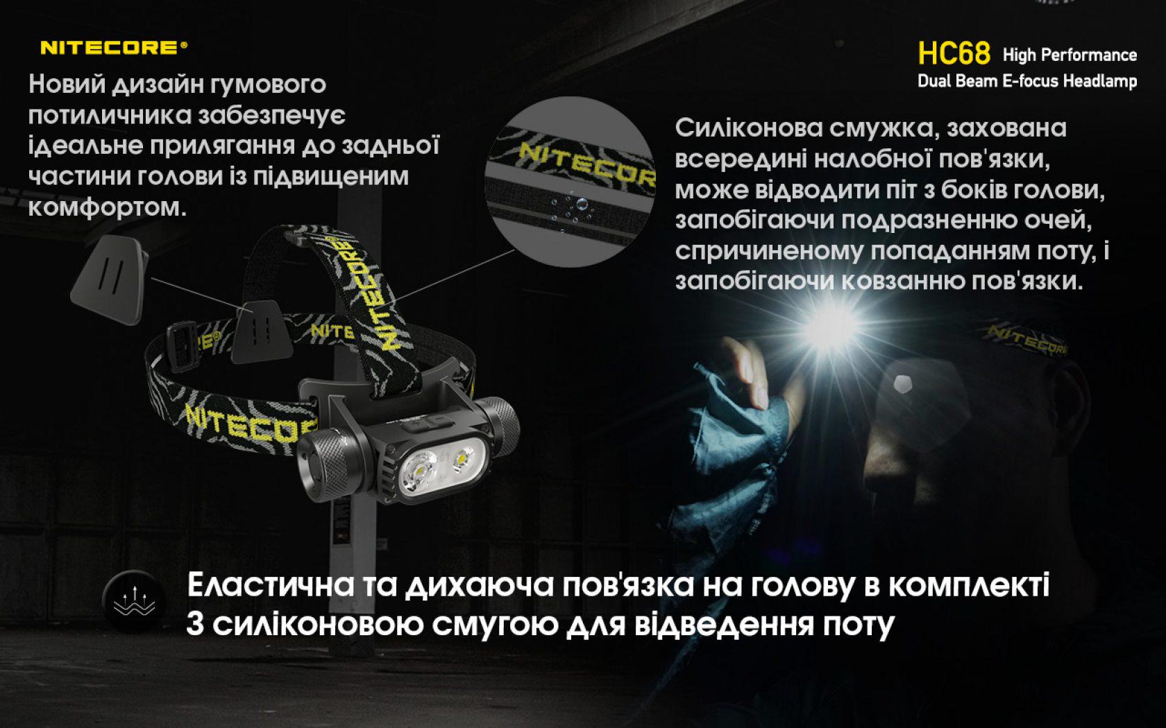 Ліхтар налобний Nitecore HC68 USB Type-C з електронним фокусуванням (010206) - фото 12 Ліхтар налобний Nitecore HC68 USB Type-C з електронним фокусуванням (010206) - фото 12
