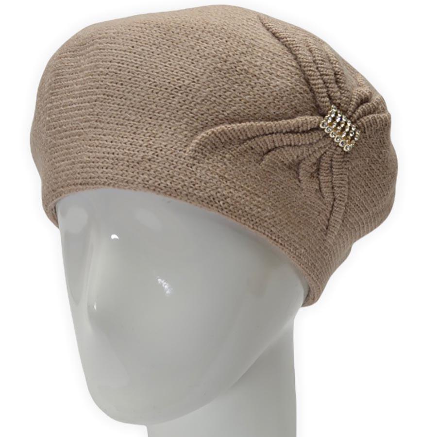 Берет женский Lirus Бонжур из шерсти двойной с узором сбоку и брошью Светло-бежевый