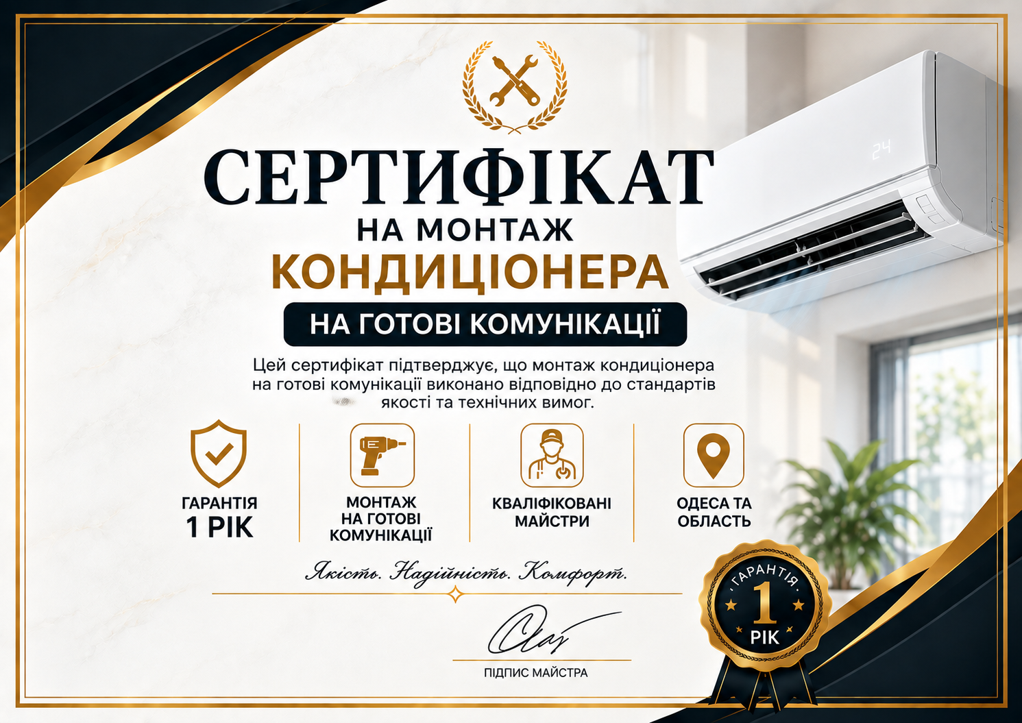 Сертификат на монтаж кондиционера 7000-12000BTU на готовые коммуникации