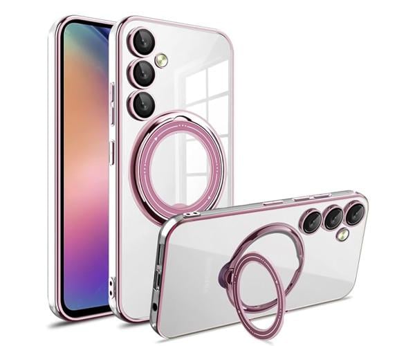 Силиконовый чехол накладка Clear Case для Samsung Galaxy S24 Plus с металлическим кольцом держателем и защитой для камеры Розовый
