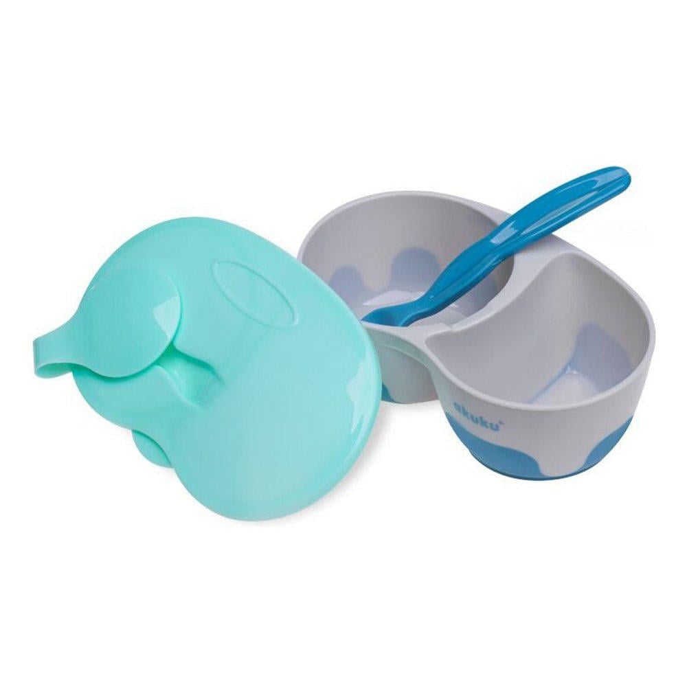 Тарелка детская Akuku глубокая двухсекционная с крышкой и ложкой Серо-голубой (A0303-GREY/BLUE)
