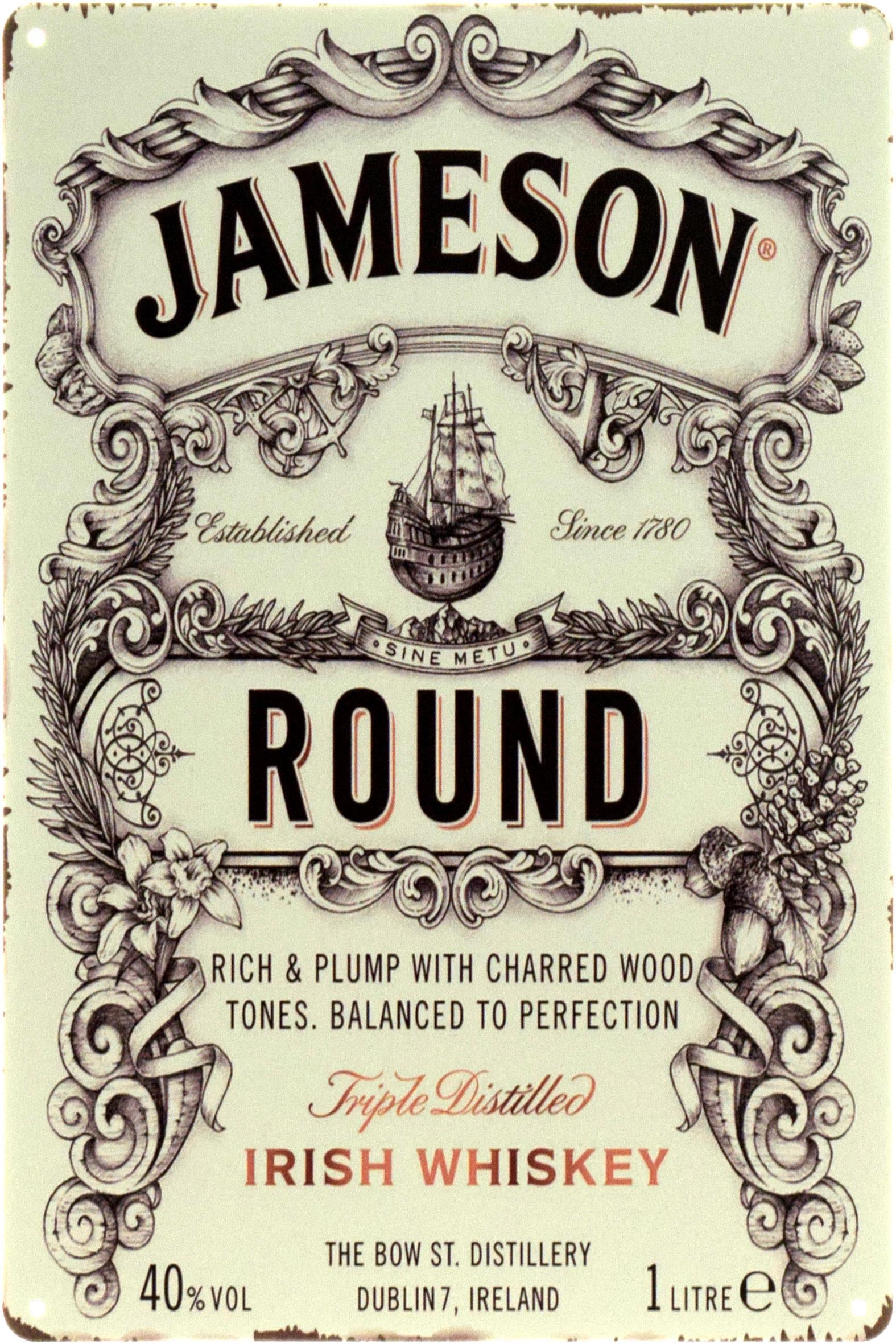 Табличка металева "Jameson Round Irish Whiskey Triple Distilled" 20x30 см (ms-104401)