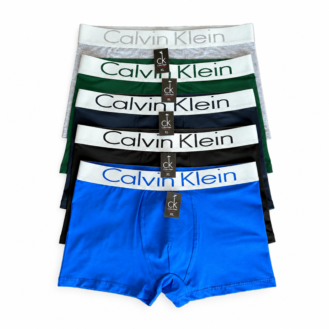 Комплект мужских трусов в стиле Calvin Klein с белой резинкой L 5 шт. Черный/Темно-синий/Темно-зеленый/Серый/Синий (CK03-5-02)