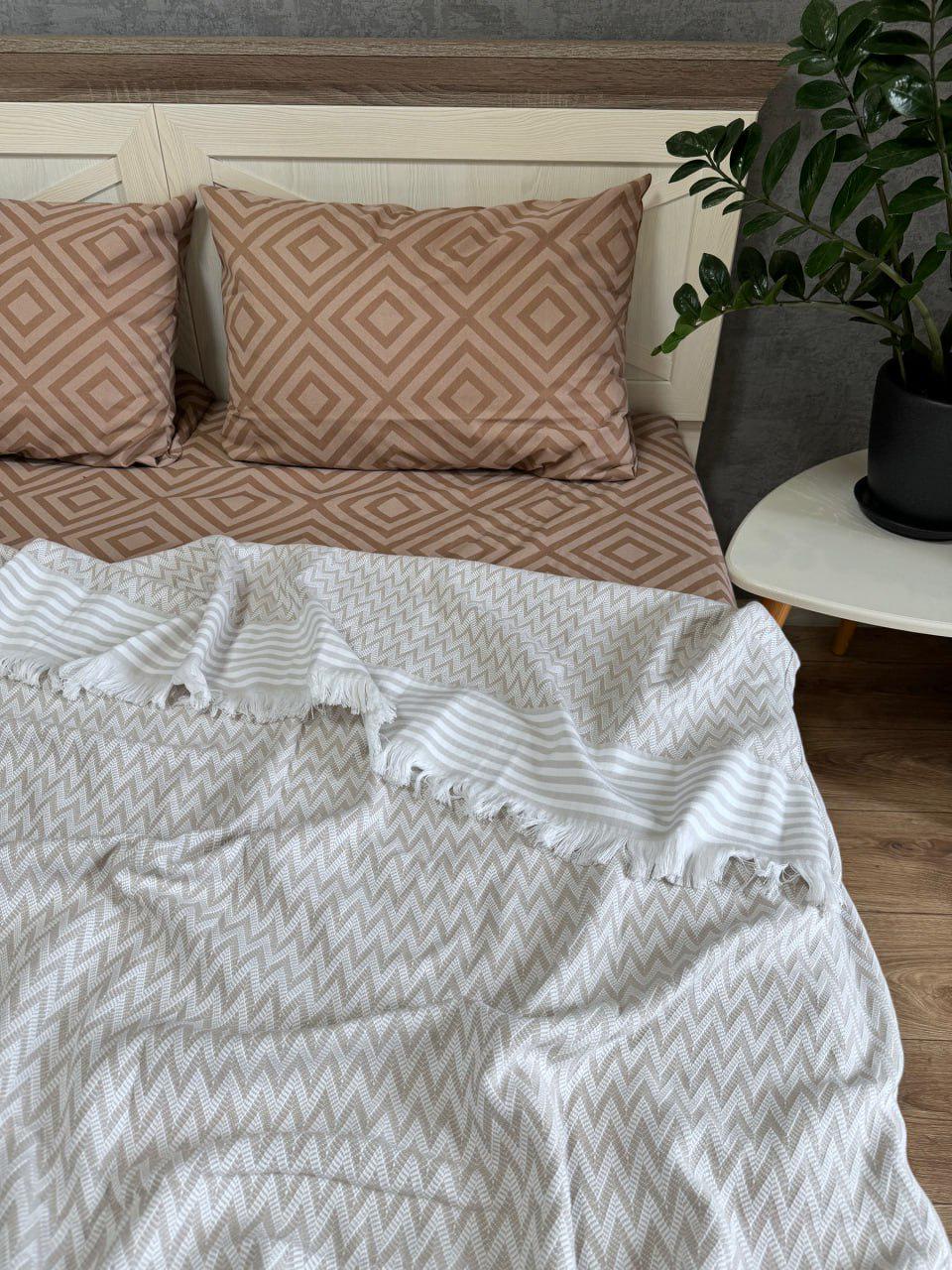 Покривало-плед Зигзаг бавовняне євро 200х230 см Бежевий (19142064) - фото 1 Покривало-плед Зигзаг бавовняне євро 200х230 см Бежевий (19142064) - фото 1