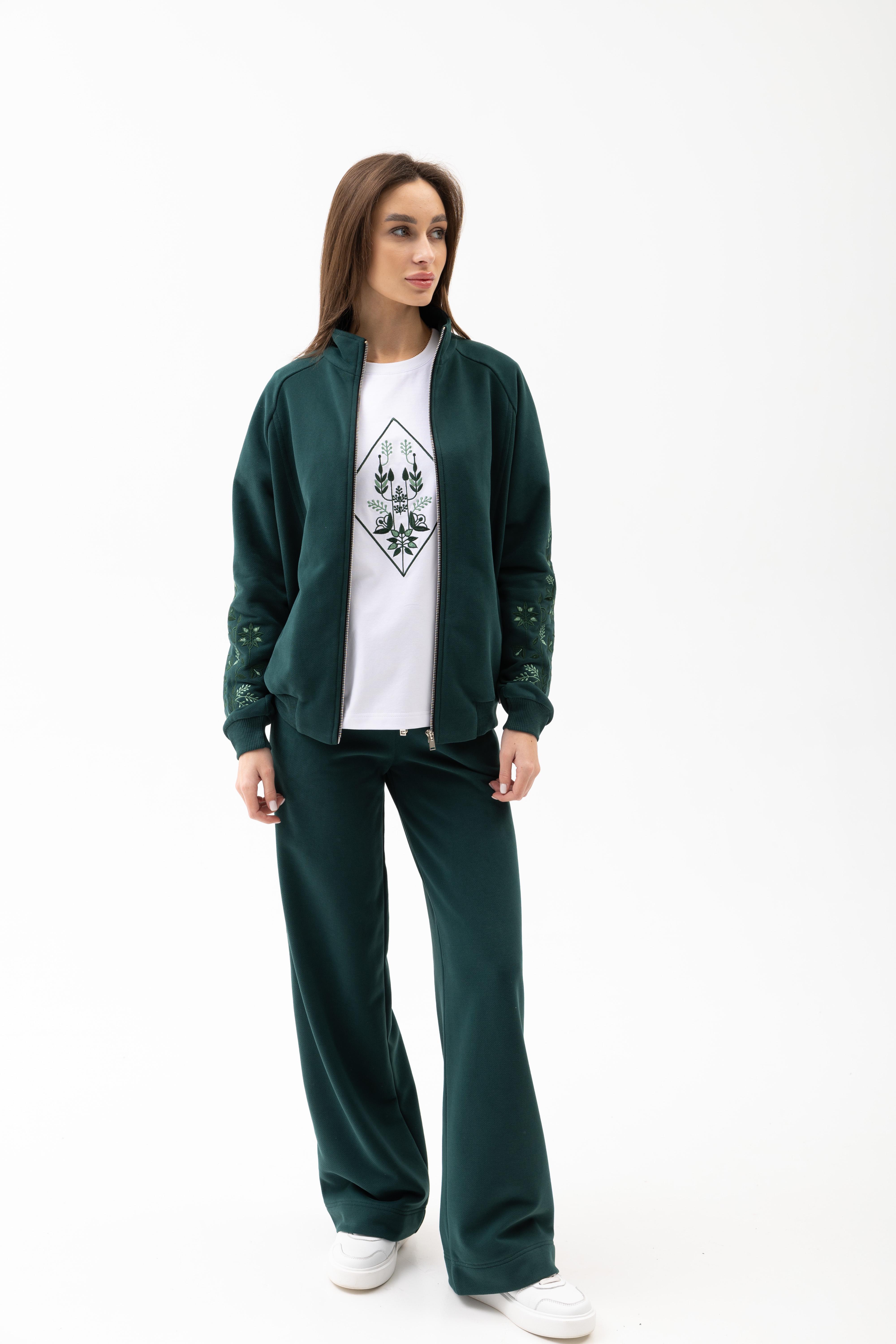 Прогулянковий костюм жіночий Lookeriya з вишивкою Зорі тринитка олімпійка та штани-палаццо 2XL Темно-зелений (31434075)