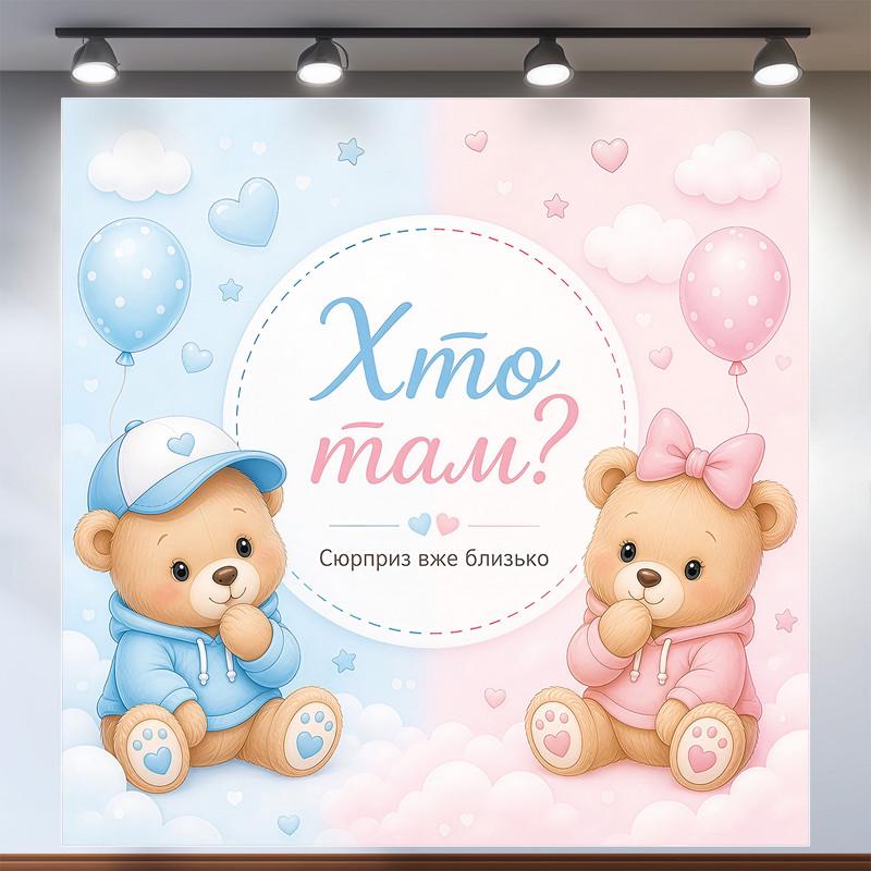 Фотозона на Gender Reveal Party Кто там с мишками в кепке и бантике 200x200см, №48525