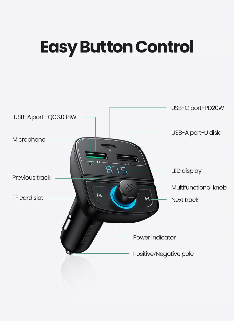 Автомобильное зарядное устройство UGREEN CD229 Bluetooth FM Transmitter Black (11294393) - фото 4 Автомобильное зарядное устройство UGREEN CD229 Bluetooth FM Transmitter Black (11294393) - фото 4