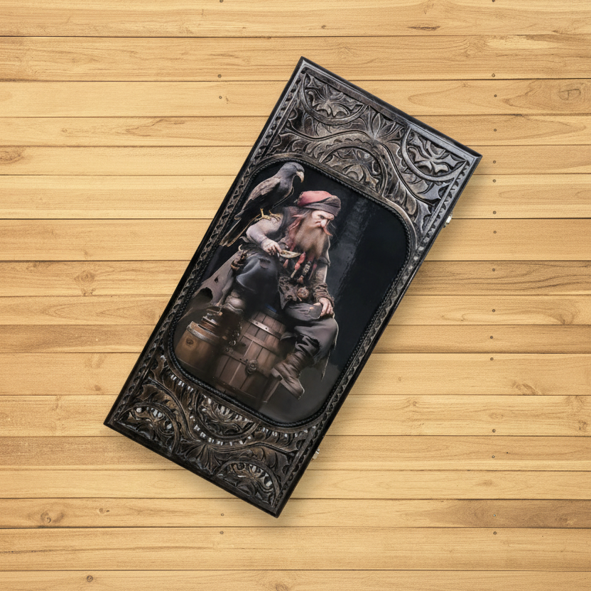 Нарды деревянные Carloteka Пират с попугаем под стеклом с фигурками