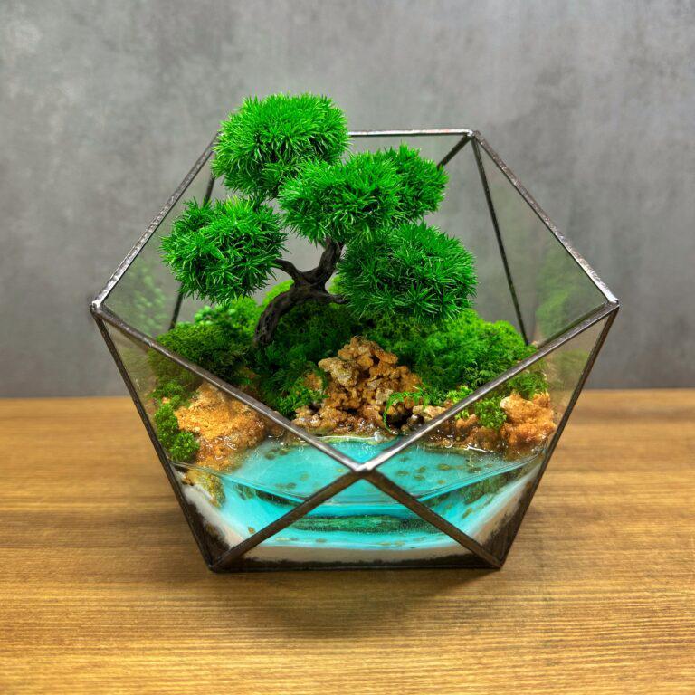 Флораріум з деревом з моху та водоймою Бонсай біля озера 13 см Флораріум з деревом з моху та водоймою Бонсай біля озера 13 см