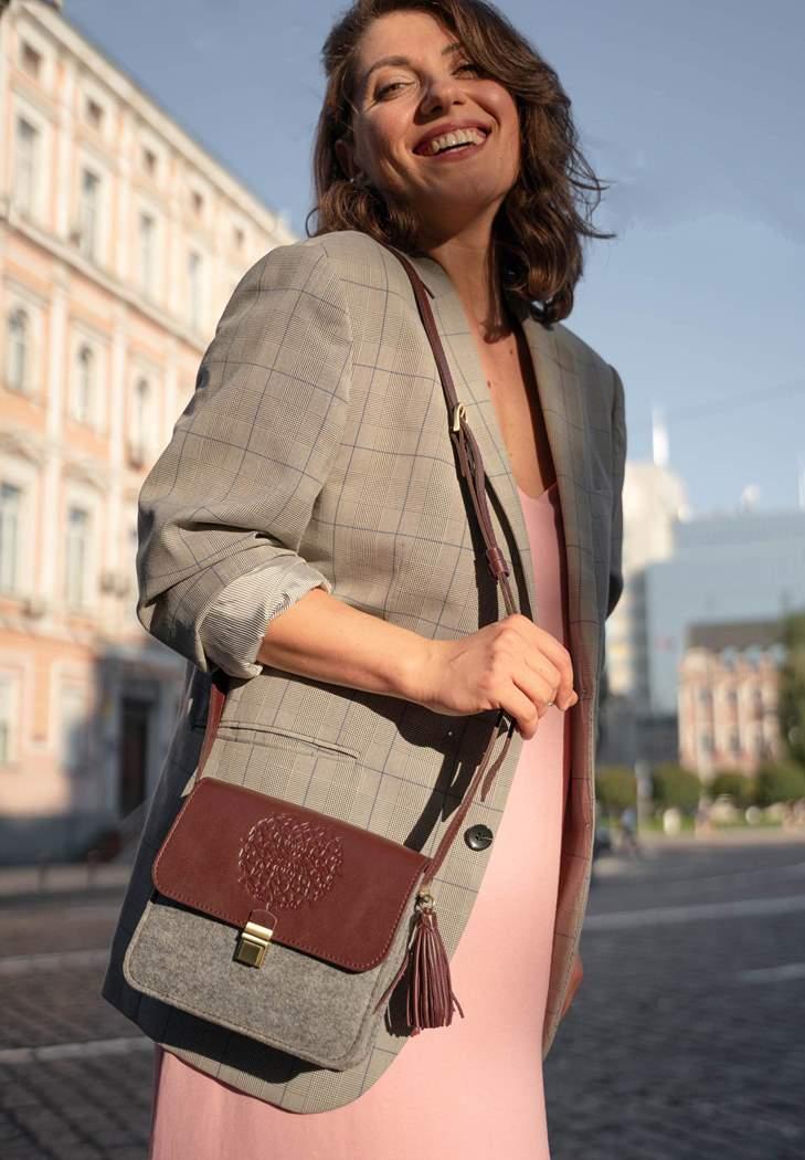 Бохо сумка фетрова жіноча Лілу зі шкіряними вставками Бордовий (A-026354)