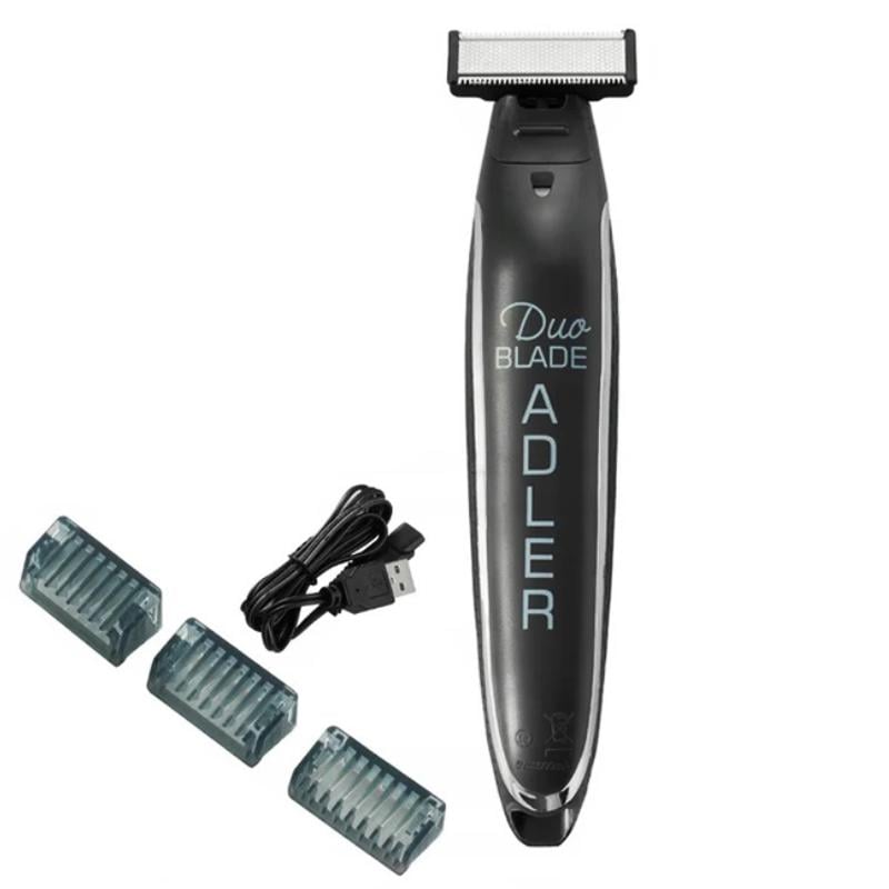 Триммер для бороды и усов Adler AD-2922 Duo Blade аккумуляторный с подсветкой 3 насадки и USB 3 Вт Черный