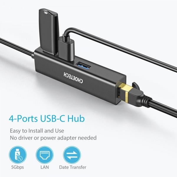 Хаб Choetech USB-C 3.1-3 порту USB 3.0 + Ethernet RJ45 1000 Мбіт/с (615326) - фото 4