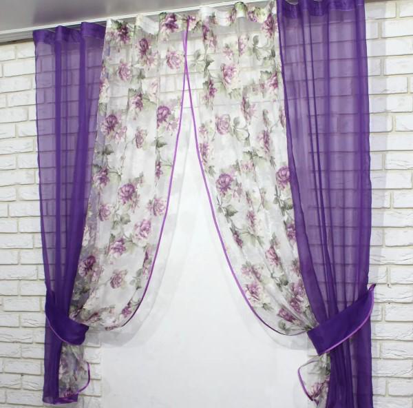 Шторки на кухню/балкон 260х170 см Фиолетовый/Белый (083к)