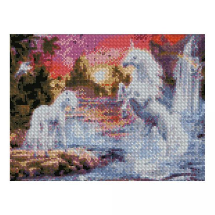 Алмазная мозаика Strateg Единороги у водопада 30х40 см (HX326)