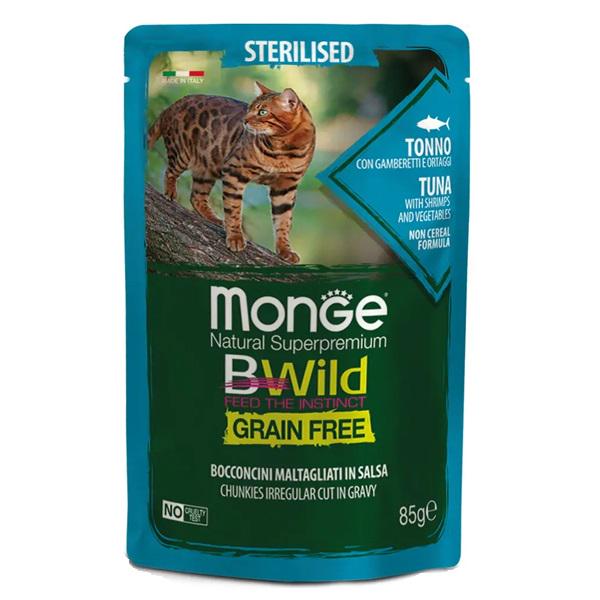 Корм для кошек влажный Monge Cat Wet Bwild Grain Free Sterilised тунец с креветками и овощами 85 г (000025593)