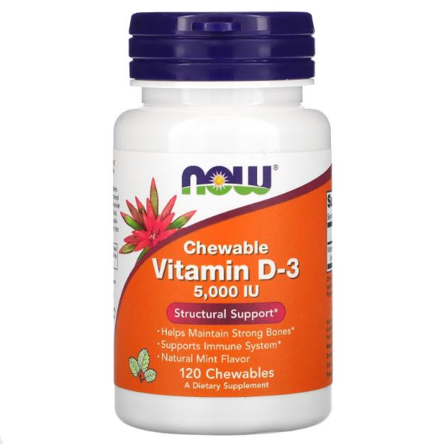 Вітамін D NOW Foods Vitamin D3 5000 IU 120 Chewables Natural Mint Flavor