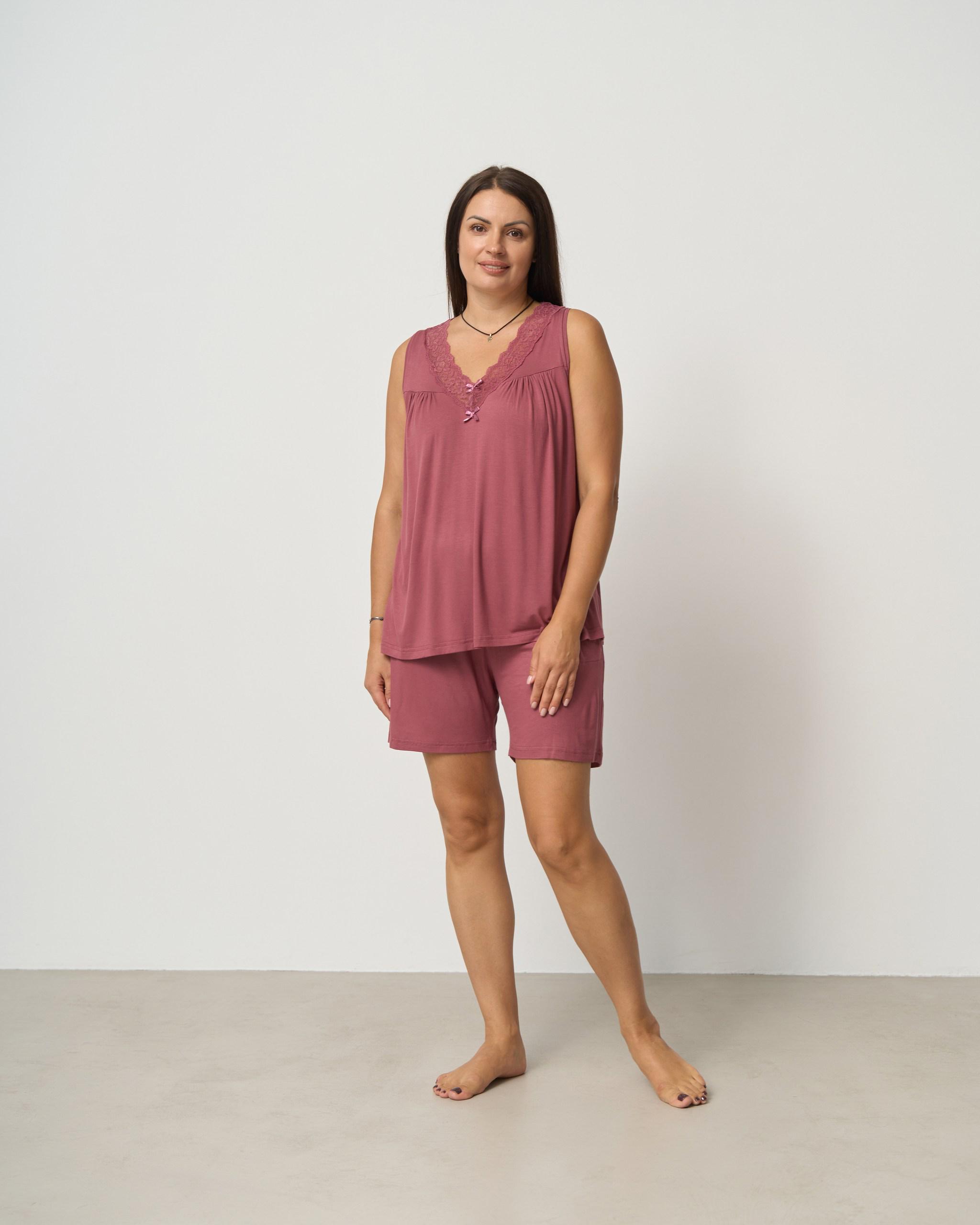 Піжама віскозна однотонна майка та шорти мереживо 39043 2XL Теракотовий