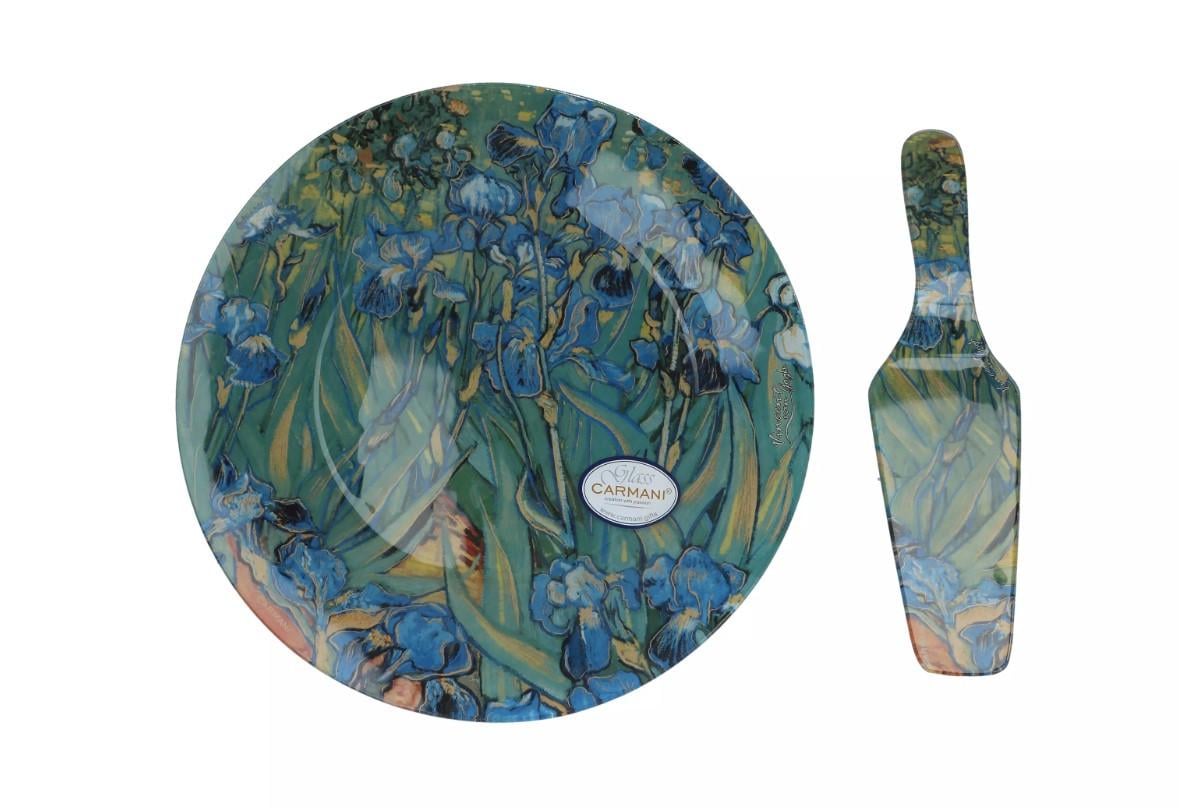 Тарелка стеклянная для торта Саrmanі с лопаткой Ван Гог Ирисы d 30 см (198-1226)