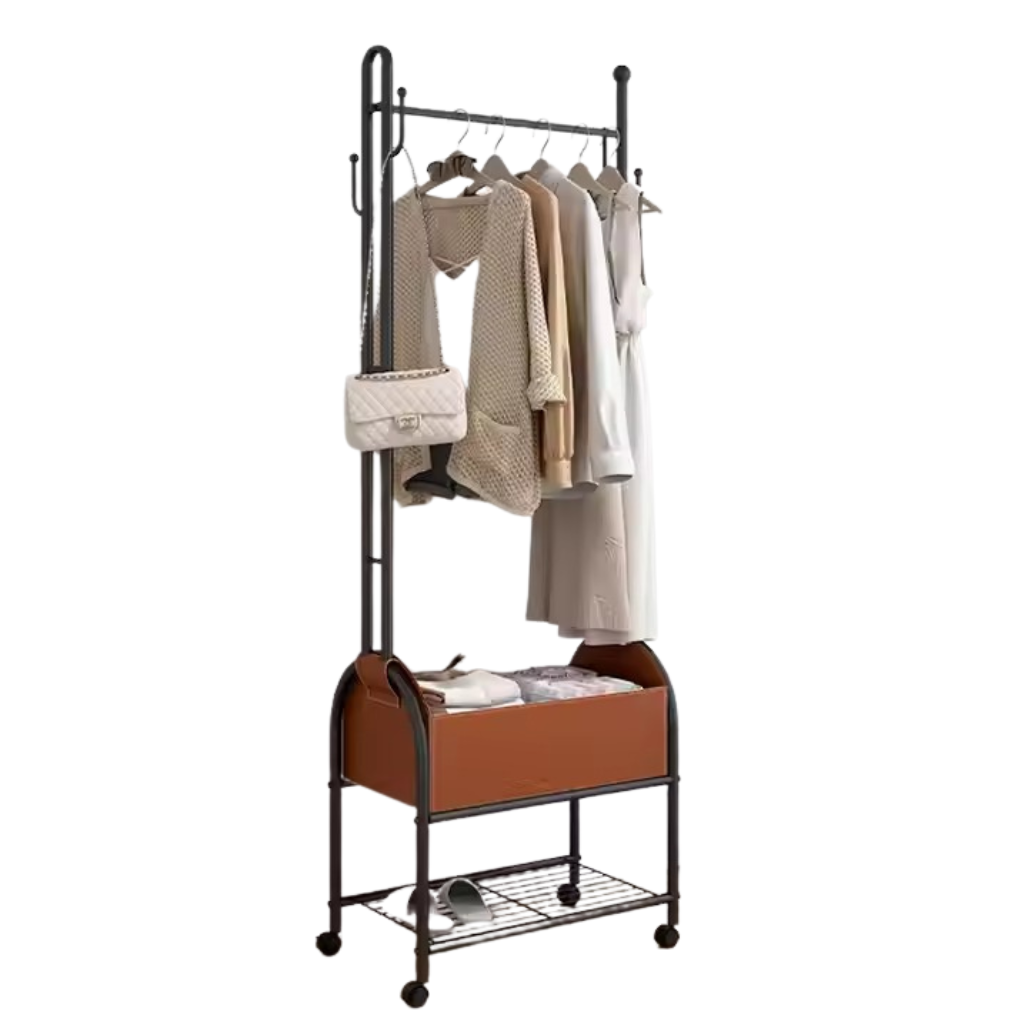 Вішалка для одягу підлогова пересувна з полицею для взуття металева 184 см Чорний