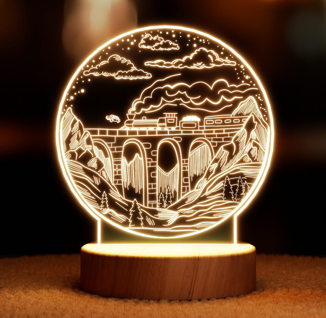 Нічник-світильник Lampic Потяг і летючий автомобіль USB дерево/акрил 15х20 см Жовтий (32377339)