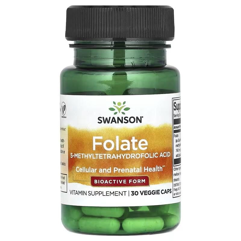 Кислота фолиевая Swanson Folate, 5-Methyltetrahydrofolic Acid 680 mcg 30 вегетарианских капсул