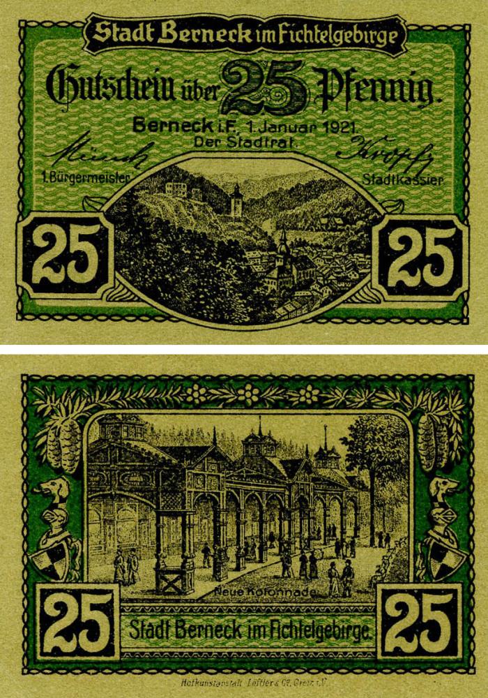 Коллекционная банкнота Германия Нотгельд 25 пфеннигов 1921 F-VF Бад-Бернек (Б18577)