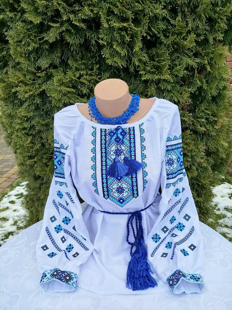 Вишиванка Квітковий орнамент р. 42 Білий/Синій (916285680) - фото 3 Вишиванка Квітковий орнамент р. 42 Білий/Синій (916285680) - фото 3