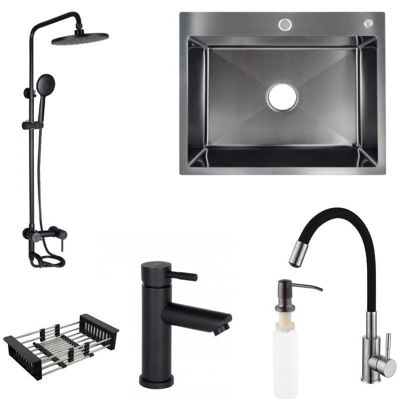 Мойка Lidz 6050/система душевая Aria/смеситель Aria на умывальник/смеситель для кухни Aria Черный