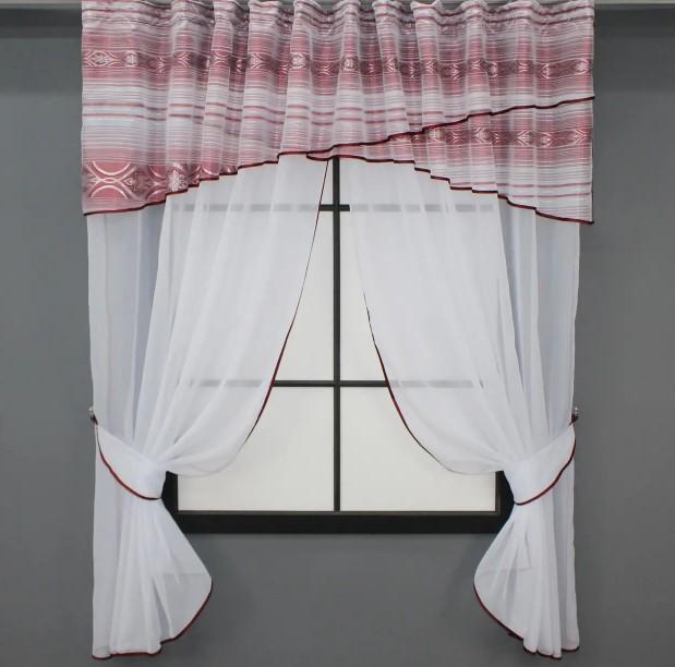 Комплект штор на кухню 280х170 см Белый/Бордовый (091к)