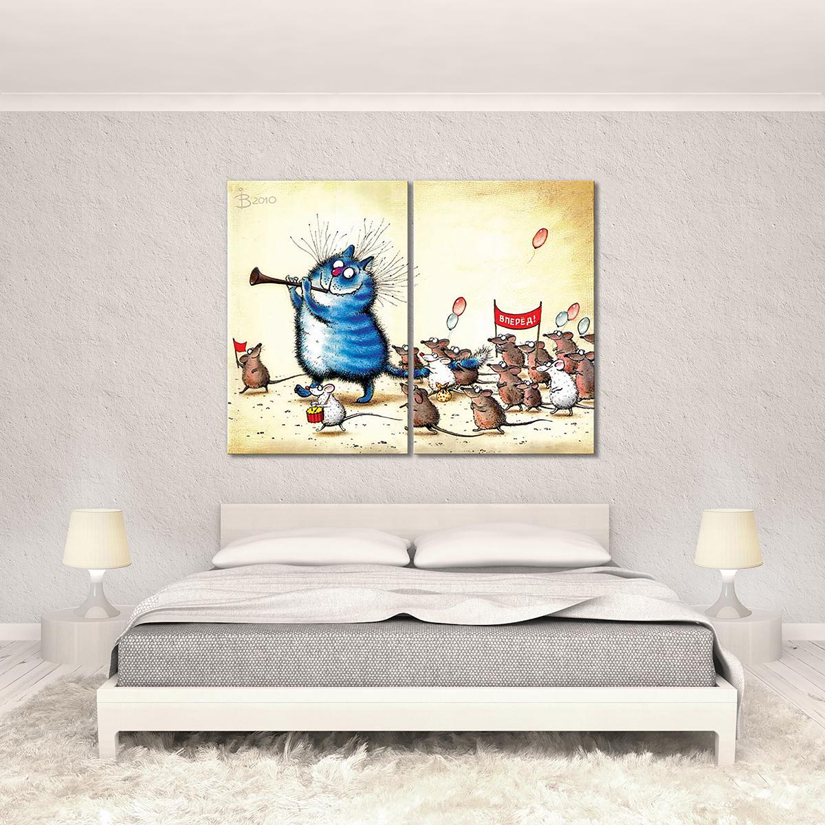Модульная картина Кот ведет за собой мышей 2 модуля общий размер 40х60 см (_rinaz_21)