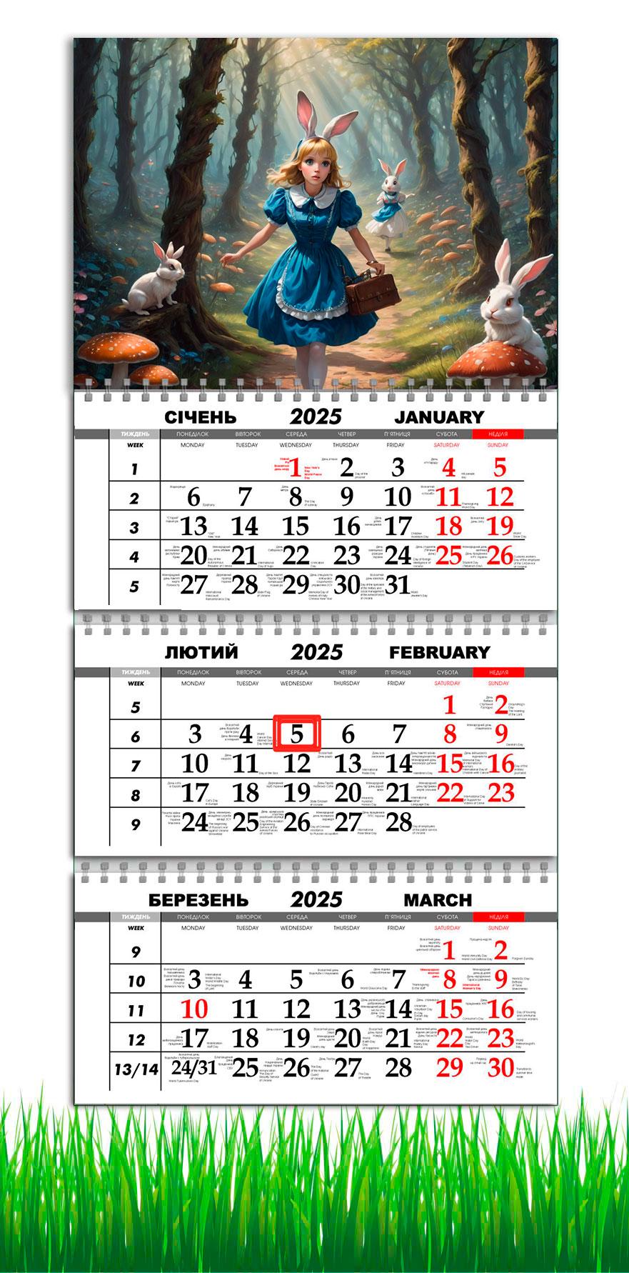 Календарь настенный квартальный на 2025 год APRIORI Алиса в стране чудес на 3 пружины 30х61 см (UA3032) Календарь настенный квартальный на 2025 год APRIORI Алиса в стране чудес на 3 пружины 30х61 см (UA3032)