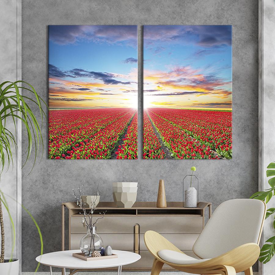Модульная картина на холсте Диптих Яркий рассвет над полем тюльпанов 111x81 см (595-2)