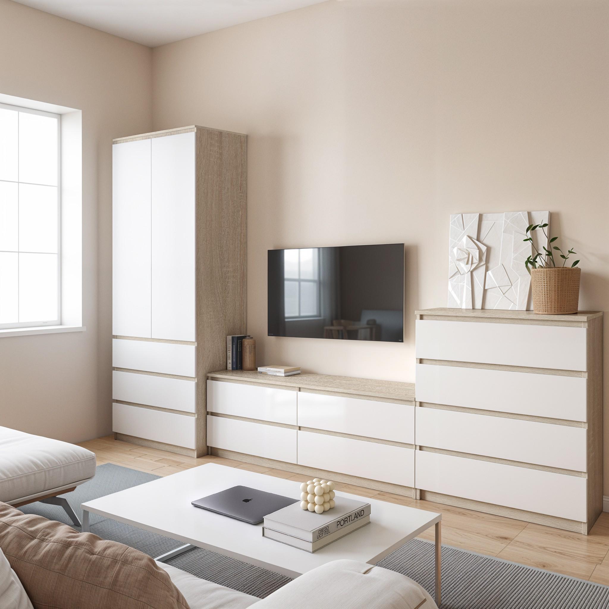 Комплект меблів у вітальню шафа T-211/тумба телевізійна FT-223/комод FT-215 3003х502х2117 мм Дуб Сонома/Білий