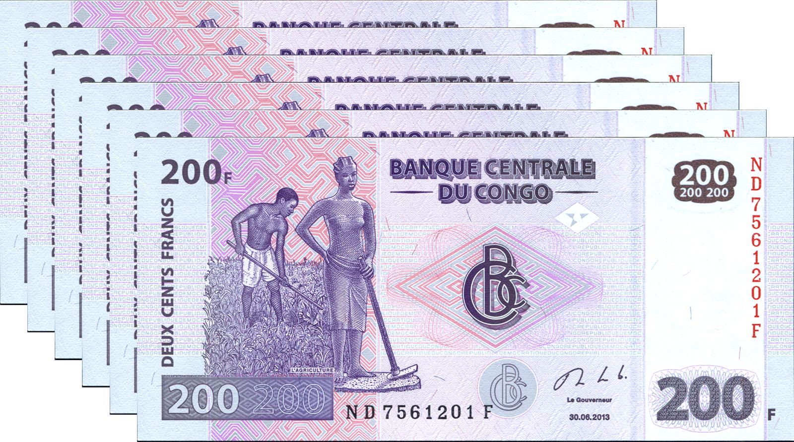Колекційна банкнота Конго 2013 200 франків 6 шт. P99b UNC