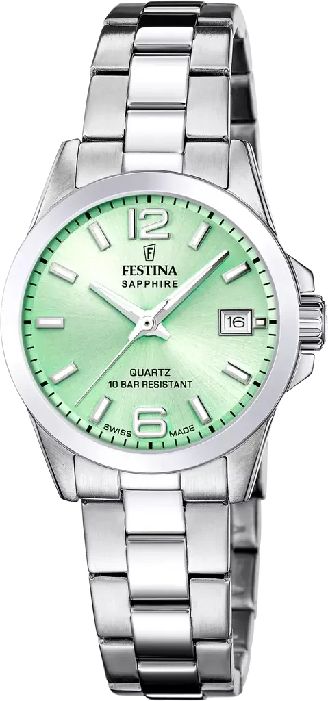 Наручные часы женские Festina F20049/2 Classics Swiss Made со стальным корпусом/сапфировым стеклом WR 100 м и зеленым циферблатом