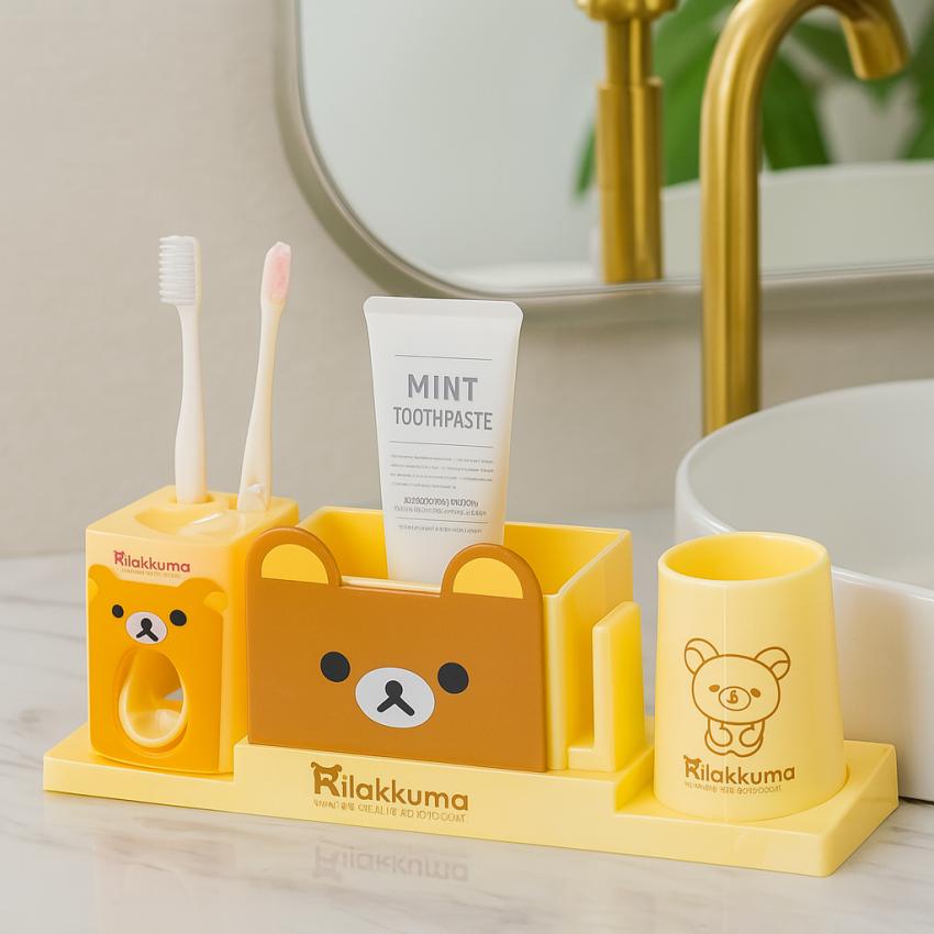 Набір для ванної кімнати Ведмедик стакан для щіток/підставка для пасти Beige (128620) - фото 2 Набір для ванної кімнати Ведмедик стакан для щіток/підставка для пасти Beige (128620) - фото 2