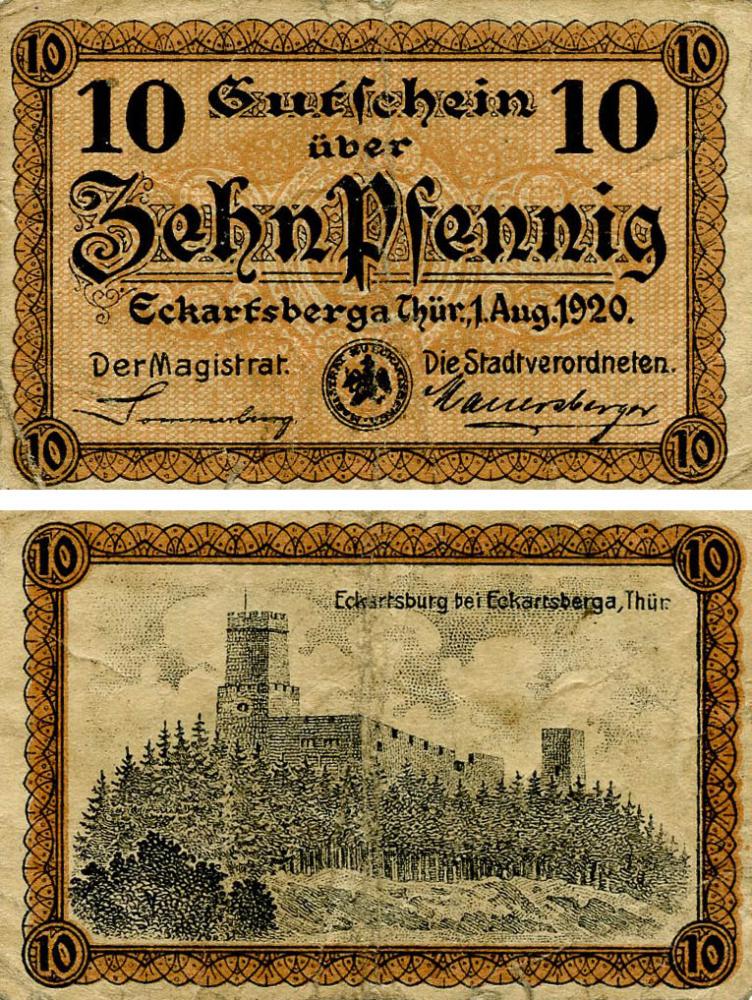 Коллекционная банкнота Германия Нотгельд 10 пфеннигов 1920 F-VF Эккартсберга (Б18463)